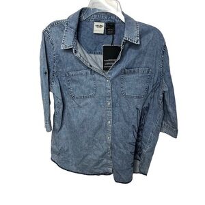 NWT Harley Davidson Size Large Blue Denim Acid Wash Button Front Shirt Cotton